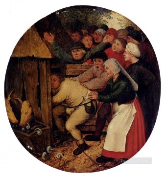 ピーテル・ブリューゲル一世 Painting - 豚小屋の農民というジャンルに押し込まれたピーテル・ブリューゲル一世